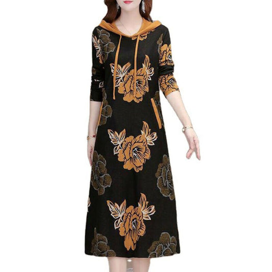 Womens Floral Hooded Dresses Long Sleeve Midi Dress Holiday Party Casual T-Shirt