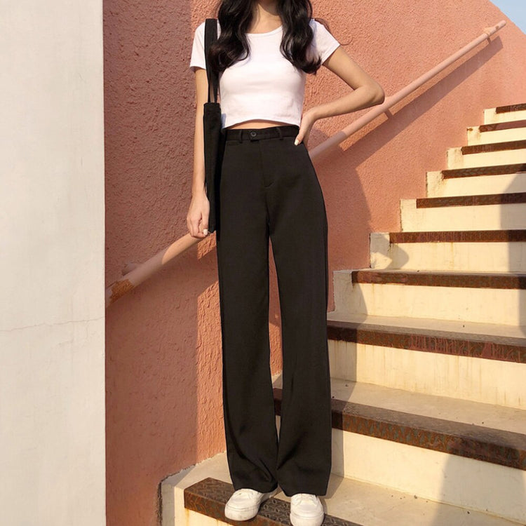 Women Autumn Loose High Waist Solid Color Long Straight Pants Wide Leg Trousers