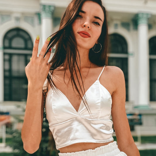 Sexy Satin Crop Tops Women Wireless Bralette Crochet Top Female Spaghetti Strap T-shirt Cropped with Chest Padded Camisole