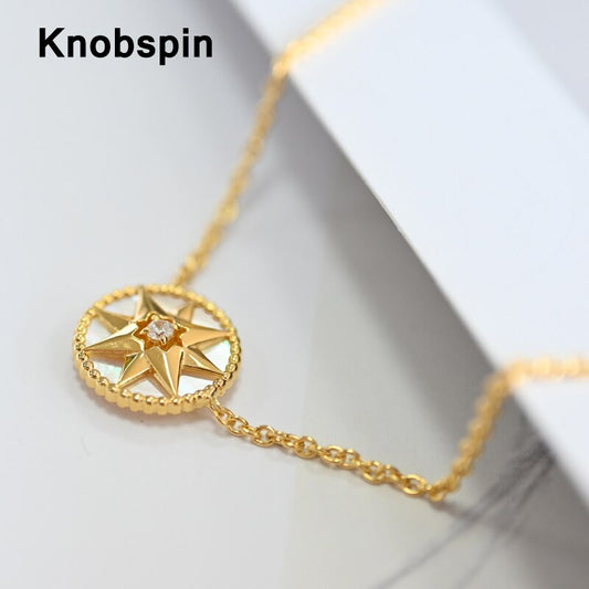 Knobspin Luxury Silver 925 Sterling NeckChain Eight Star Compass White Fritillaria Necklaces For Woman Girl Fine Jewelry Gift